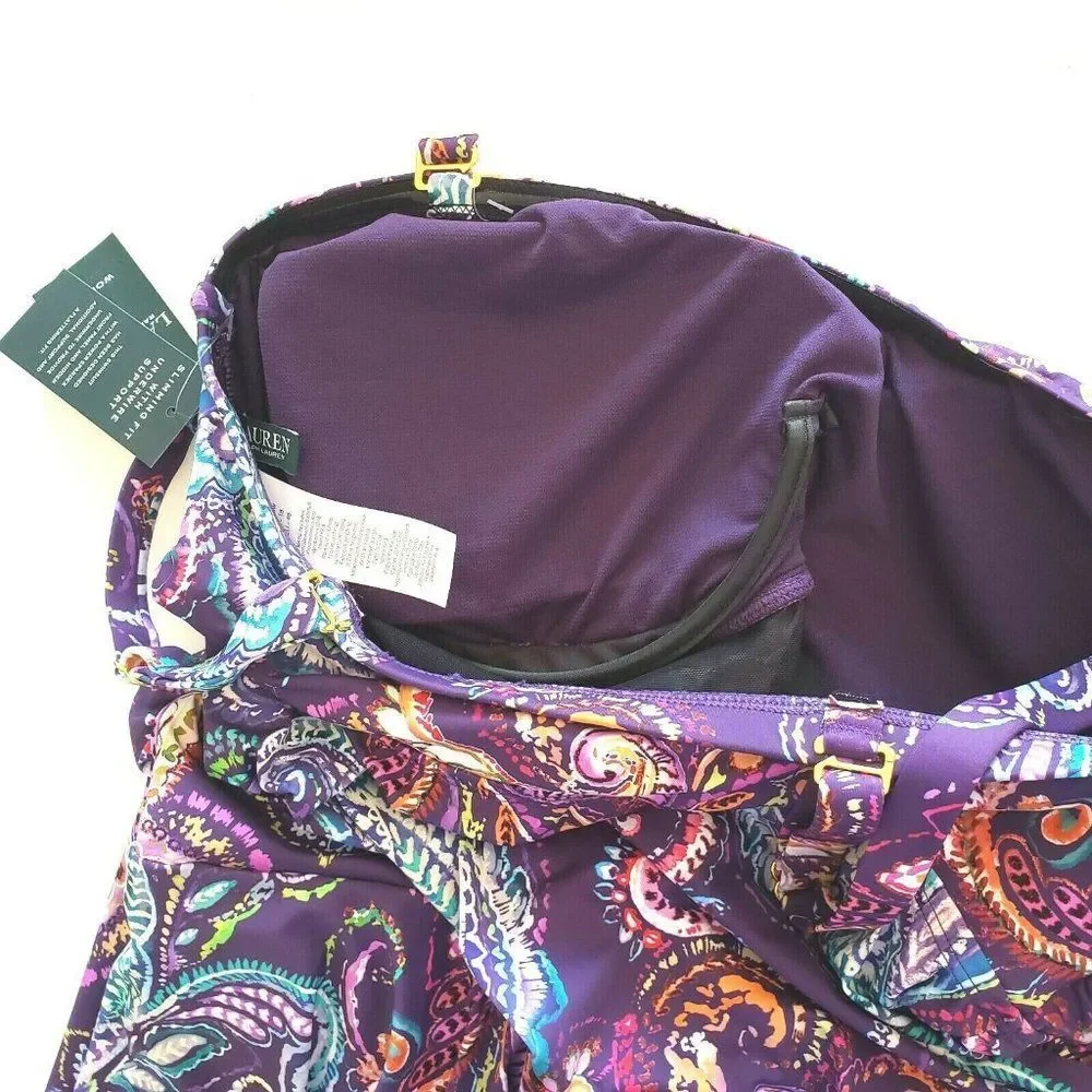 Ralph Lauren‎ Purple Captiva Paisley One Piece Swimsuit Underwire Beach NEW $142